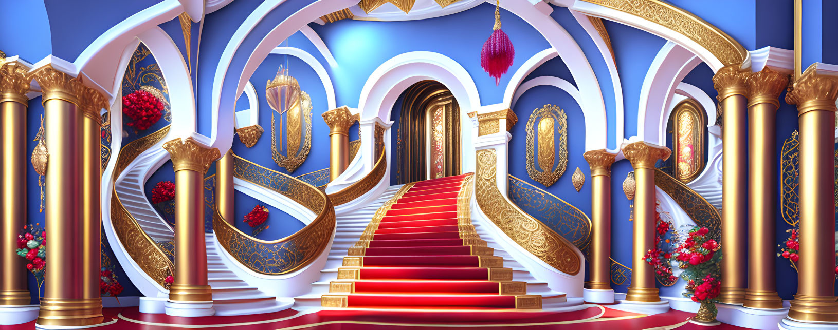 Luxurious interior with grand staircases, red carpet, golden railings, ornate columns, blue