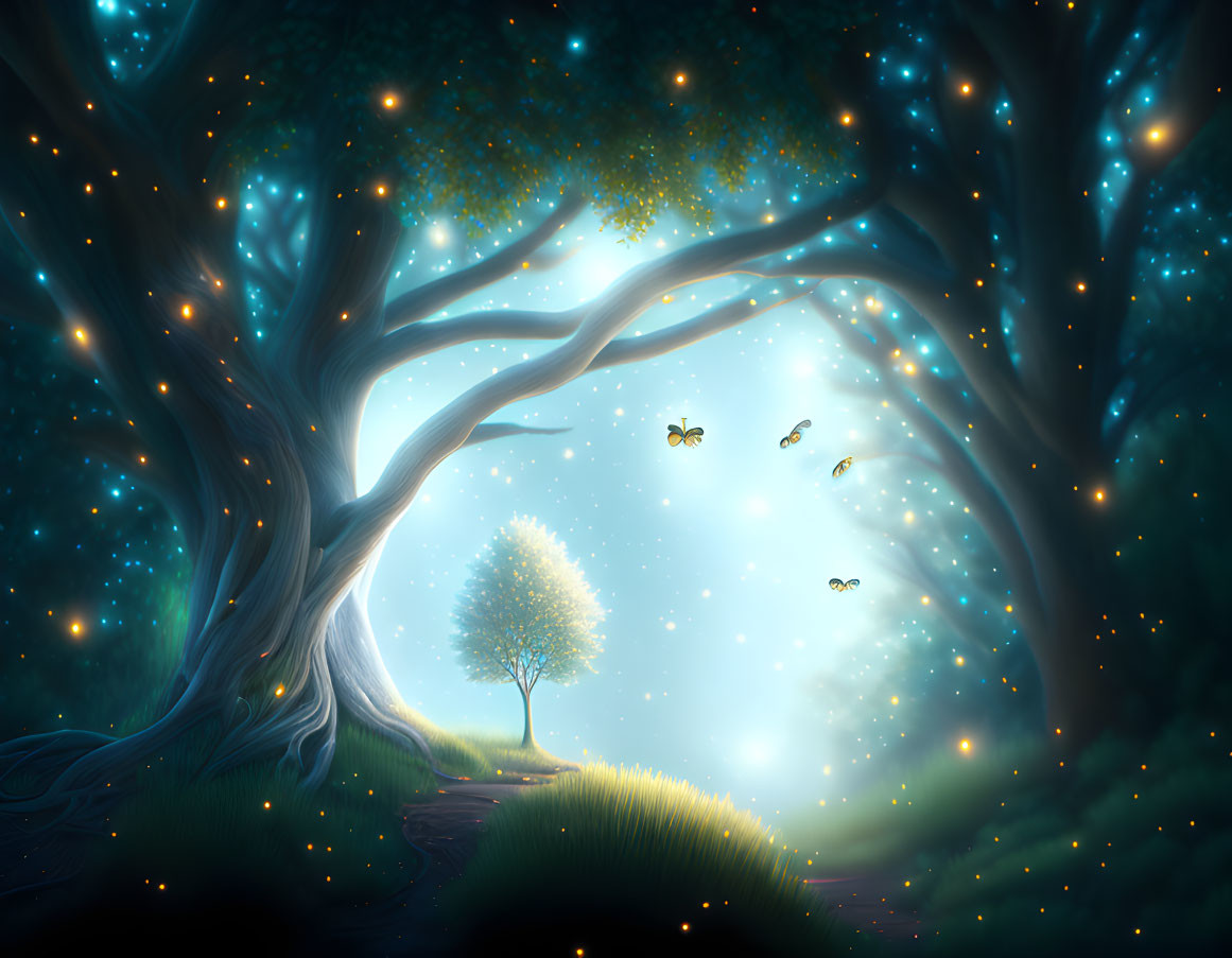 Enchanted Forest Glade with Glowing Lights and Fireflies