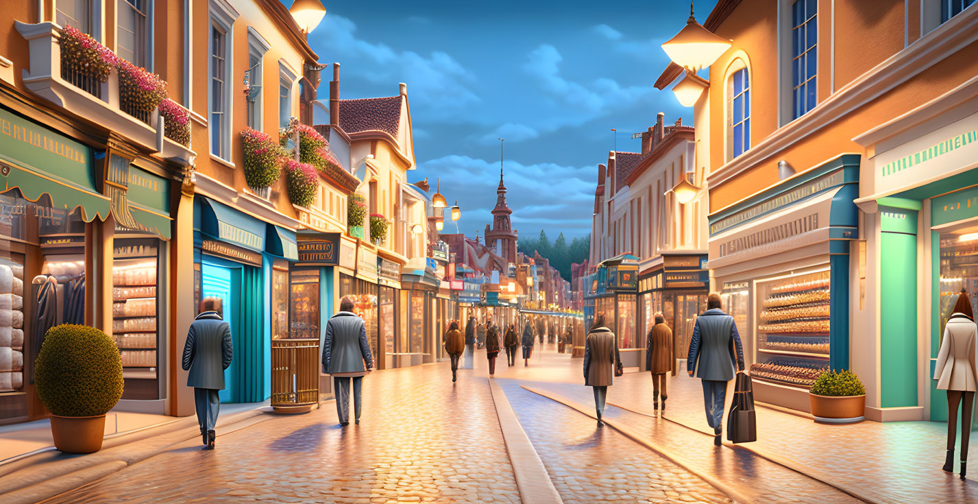 Animated Dusk Street Scene with Cobblestone Pathways and Tower