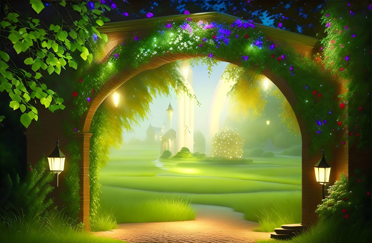 Flower-covered garden archway with glowing lanterns and fantasy castle at night