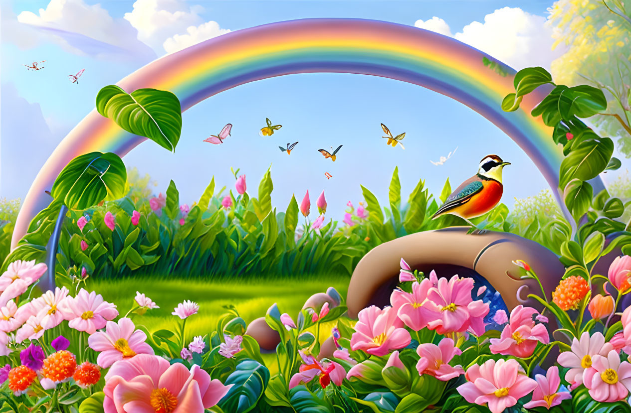 Colorful garden scene with bird, flowers, butterflies, and rainbow