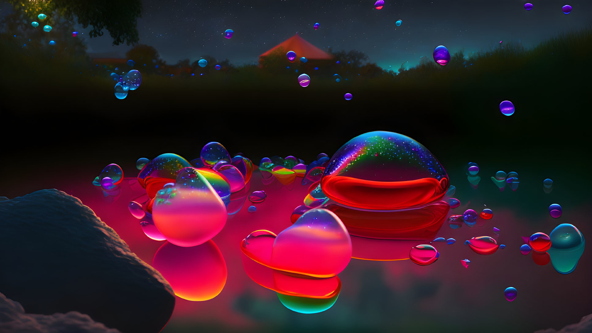 Colorful iridescent bubbles in night landscape with glowing tents