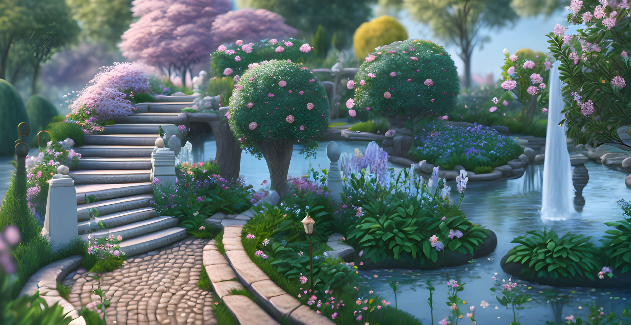 Tranquil garden with blooming trees, sculpted shrubs, cobblestone path, serene