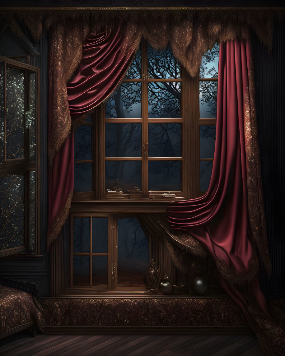 Dimly Lit Room with Ornate Window and Red Curtains overlooking Night Scene