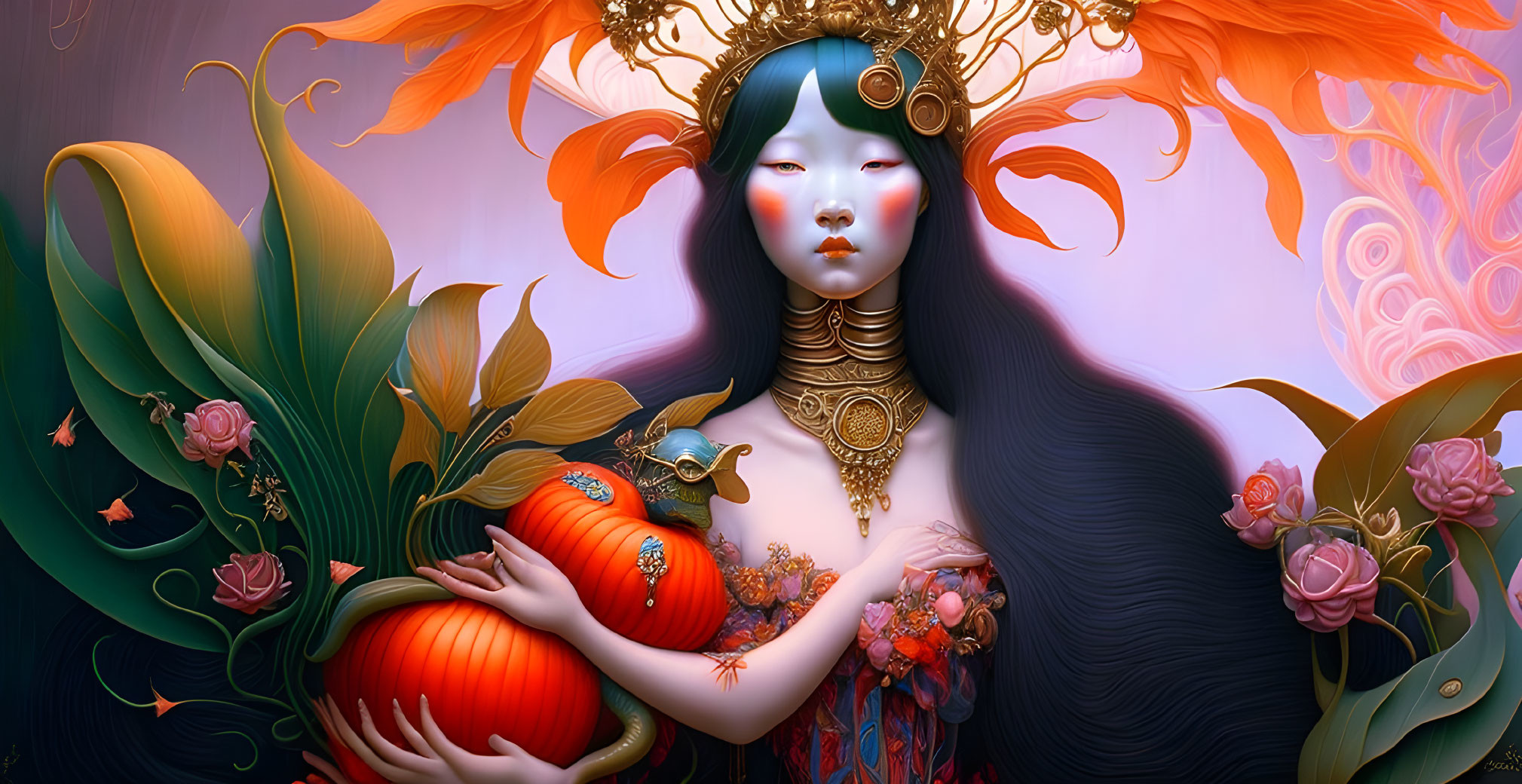 Blue-skinned woman with golden headdress holding a pumpkin in mystical setting