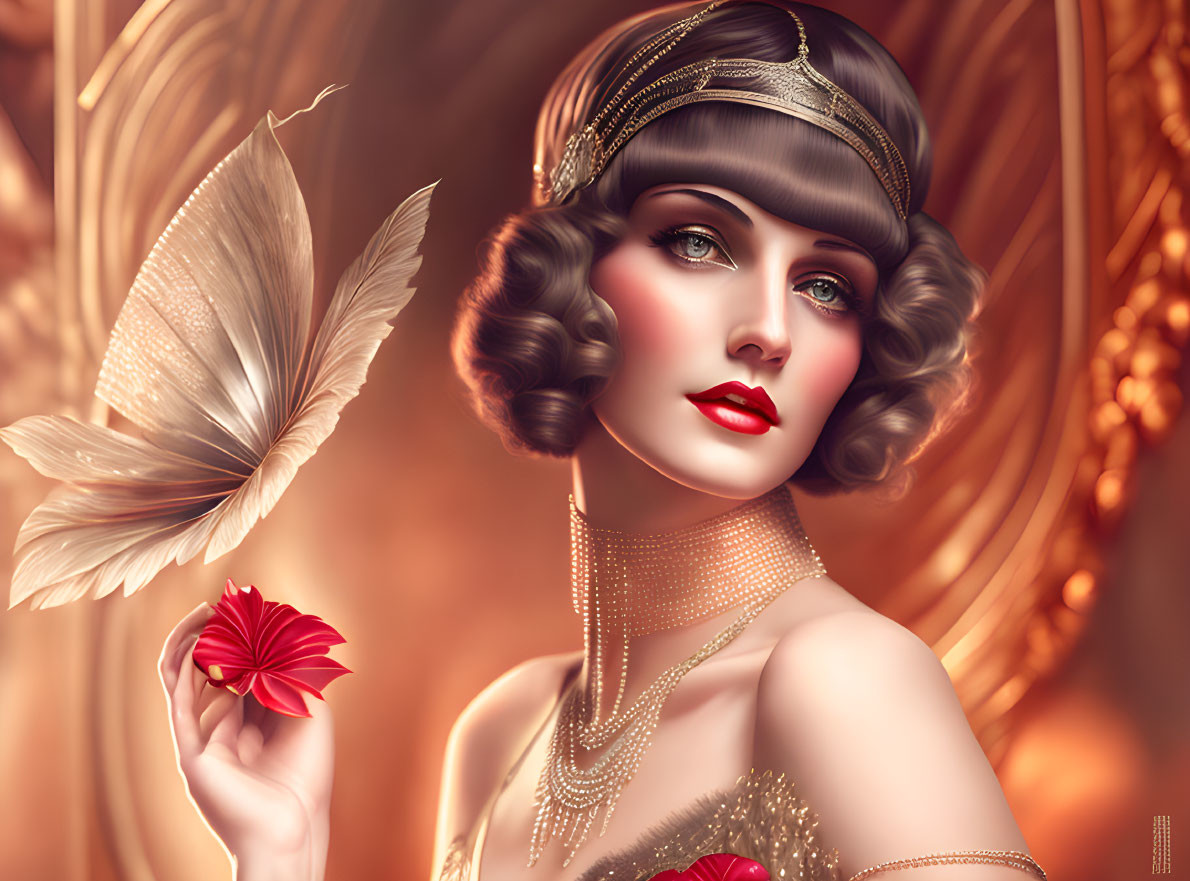 Vintage-style illustration of woman in 1920s fashion with headband, finger waves, feather,