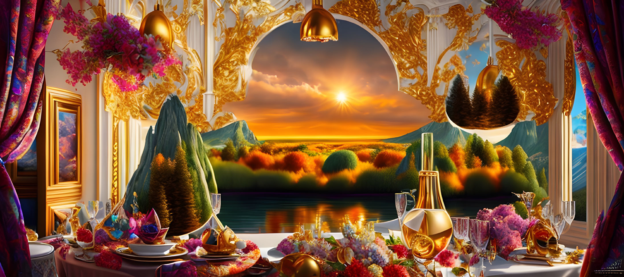 Ornate golden decor in lavish banquet hall with sunset lake view