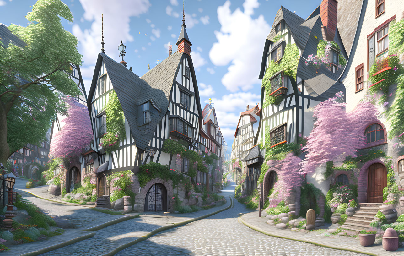 Charming Tudor-style houses on cobblestone street with pink blooming trees