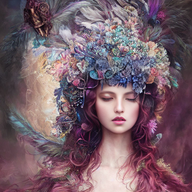 Woman with Floral Headdress and Red Hair in Surreal Setting