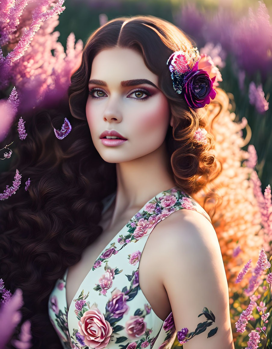 Woman with Long Curly Hair in Lavender Field with Purple Flower