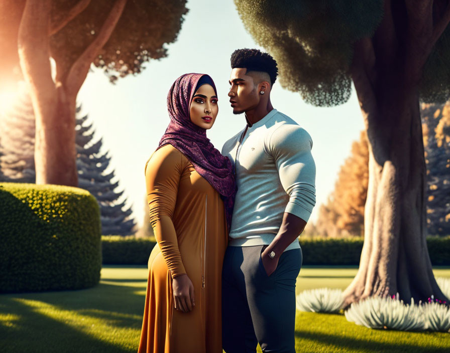 Couple in garden: Woman in hijab and golden dress, man in casual shirt, looking to