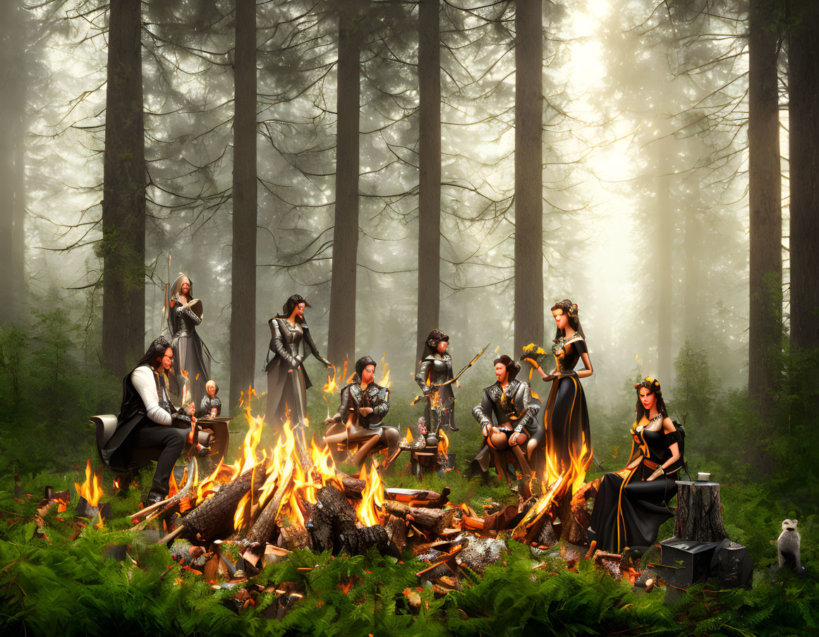 Medieval knights and ladies around large bonfire in misty forest