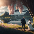 Couple in vibrant flower field with mountains and lake background