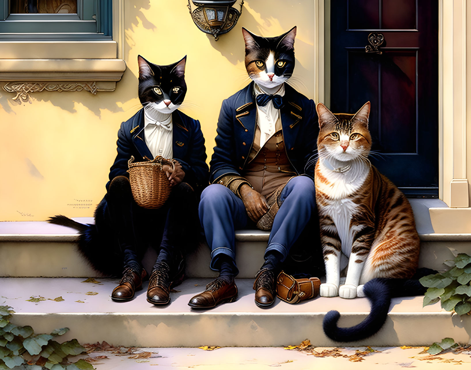 Anthropomorphic Cats in Elegant Attire Sitting on House Doorstep