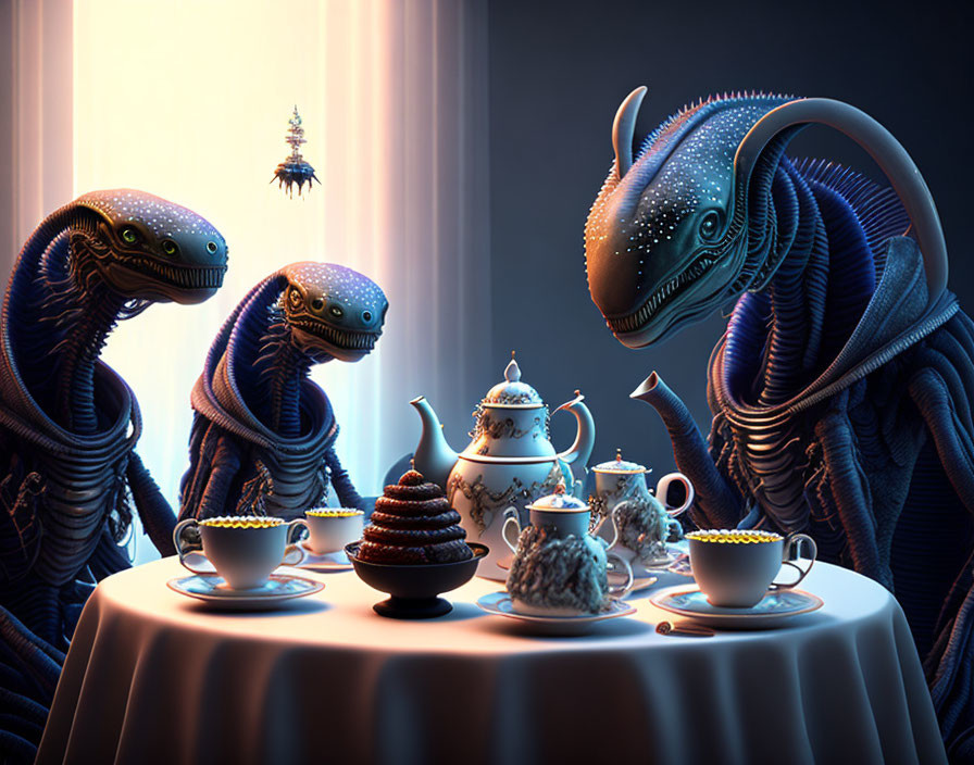 Anthropomorphic Reptiles Tea Party with Elegant Setting