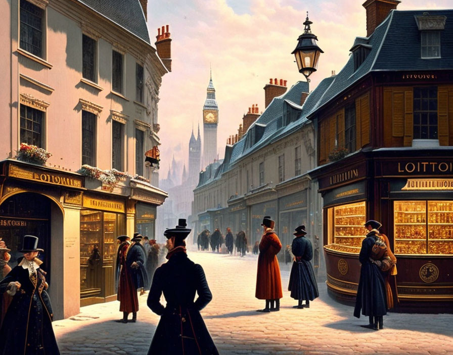 Victorian street scene with pedestrians, gas lamps, brick buildings, and Big Ben.