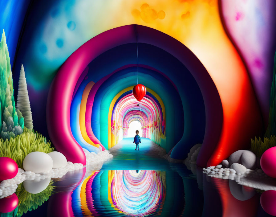 Vibrant surreal tunnel with reflective floor and balloons