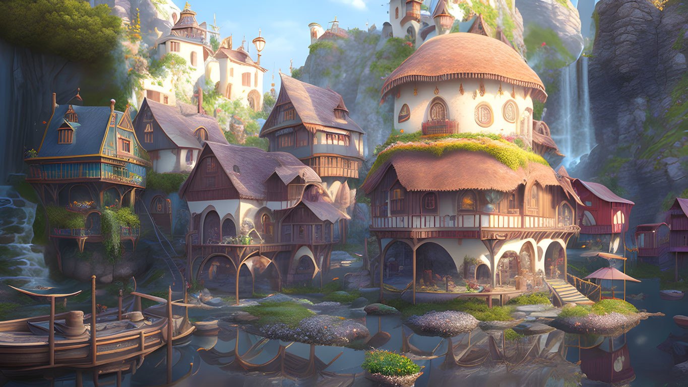 Whimsical village with waterfronts and waterfall nestled among rocky outcrops