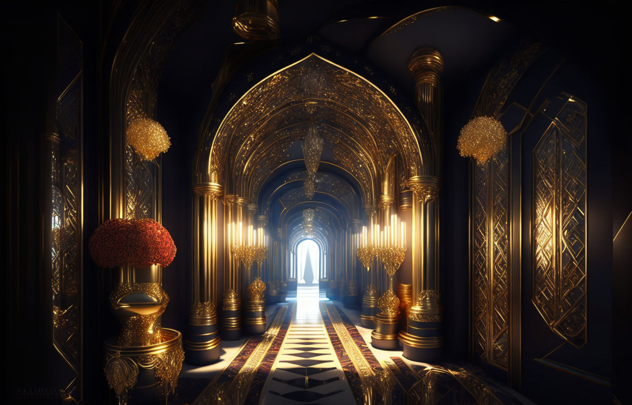 Luxurious hallway with gold details, arches, and chandeliers leading to bright doorway