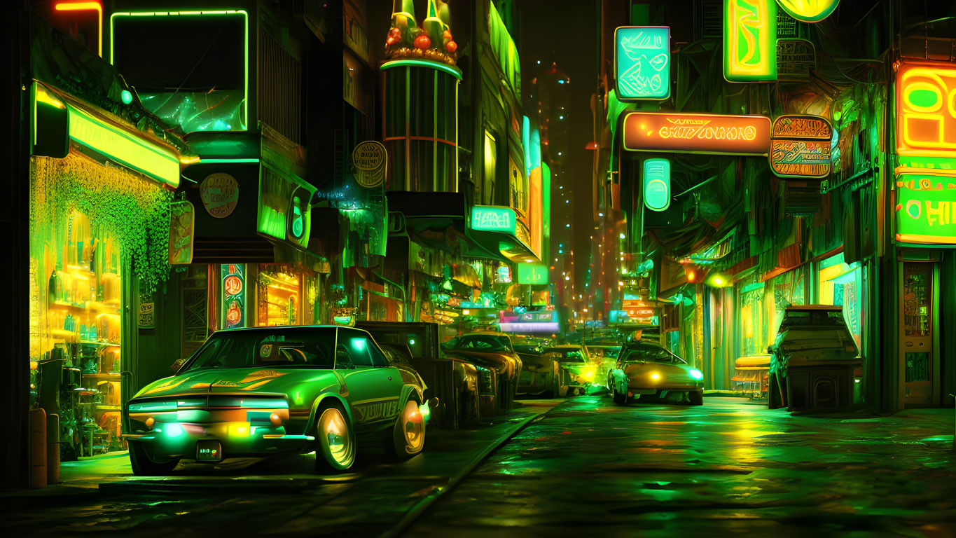 Neon-lit street at night with vintage cars and glowing signs