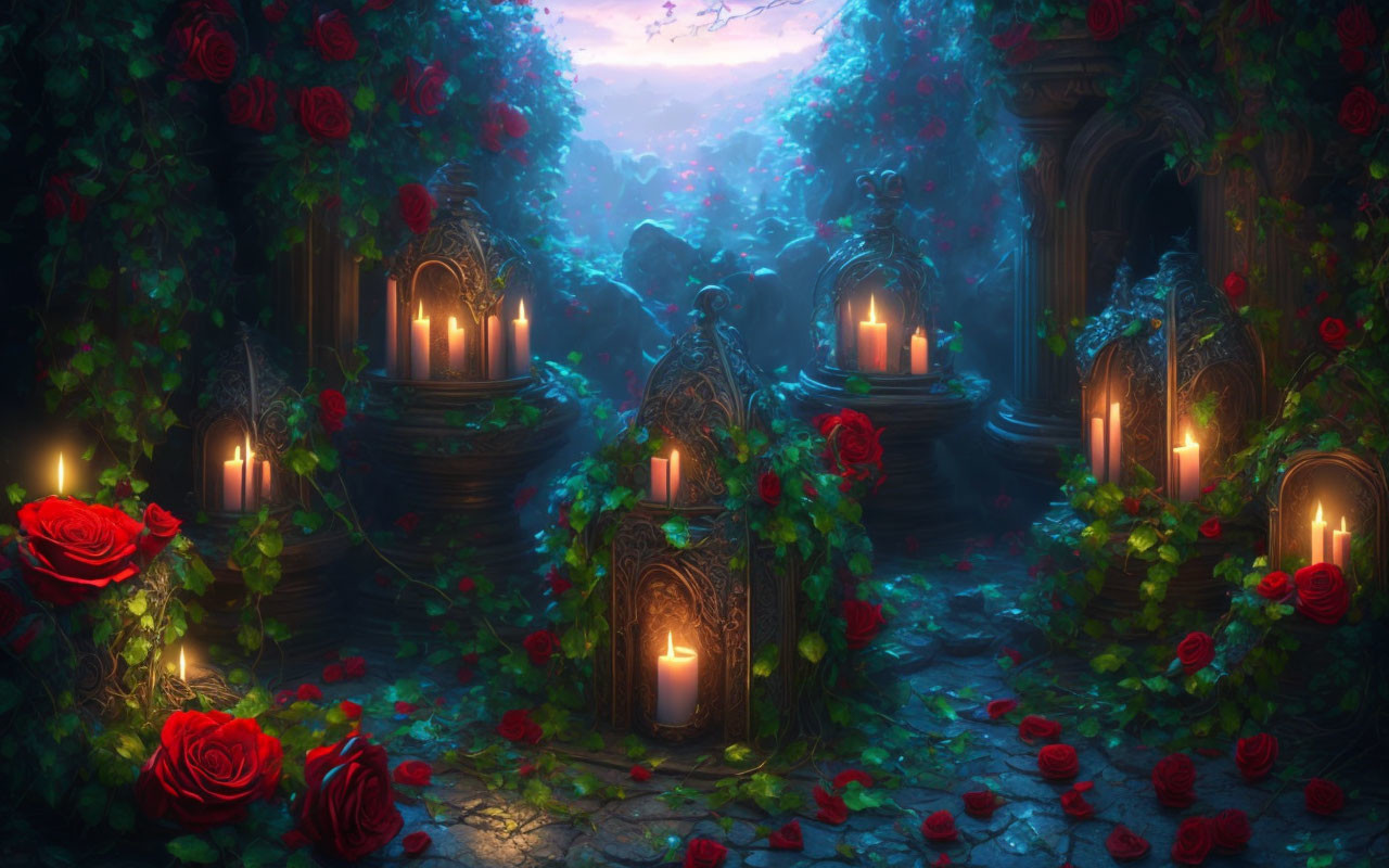 Enchanted forest path with candles, red roses, arched doorways, and ivy under