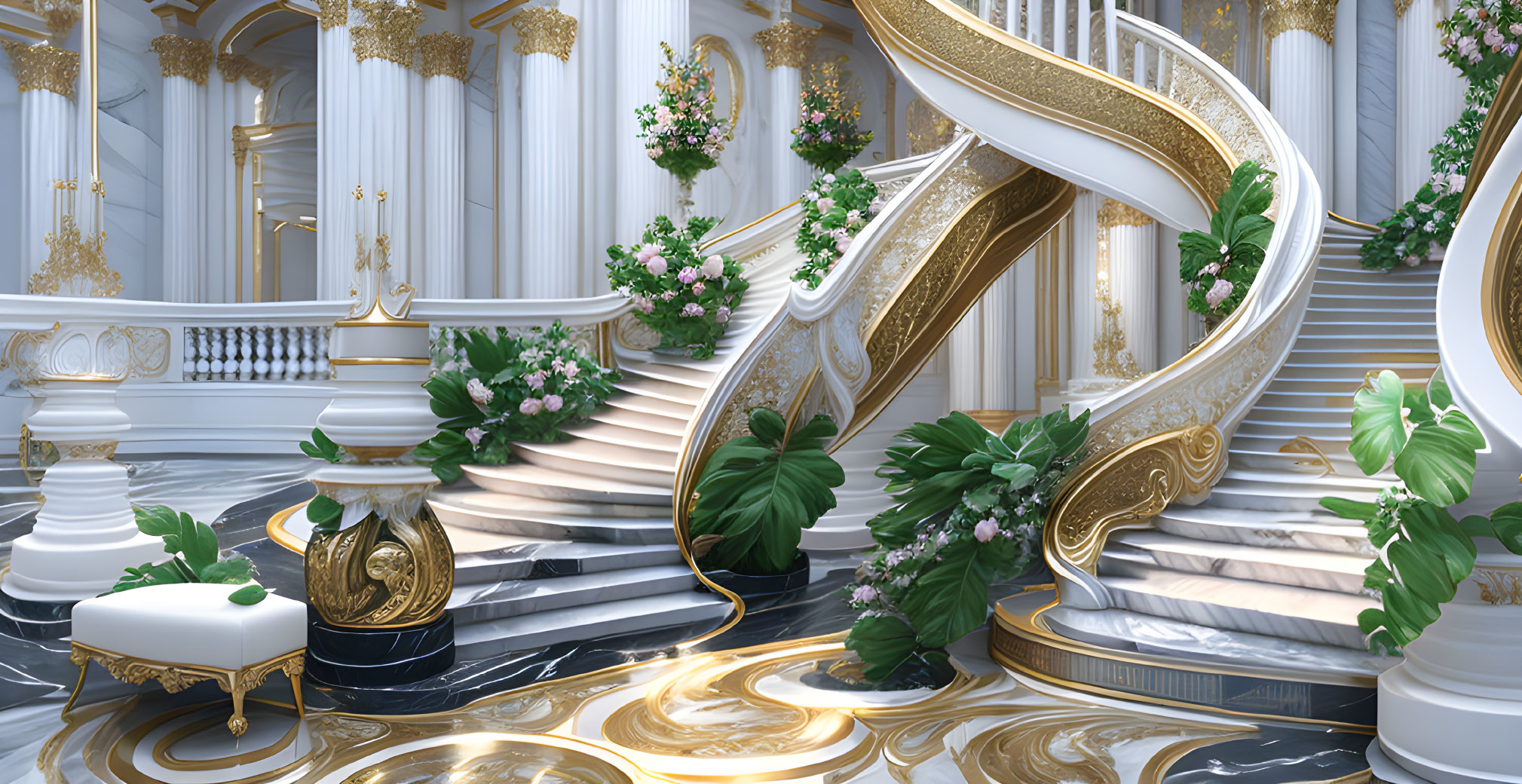 Luxurious white and gold staircase in opulent interior setting