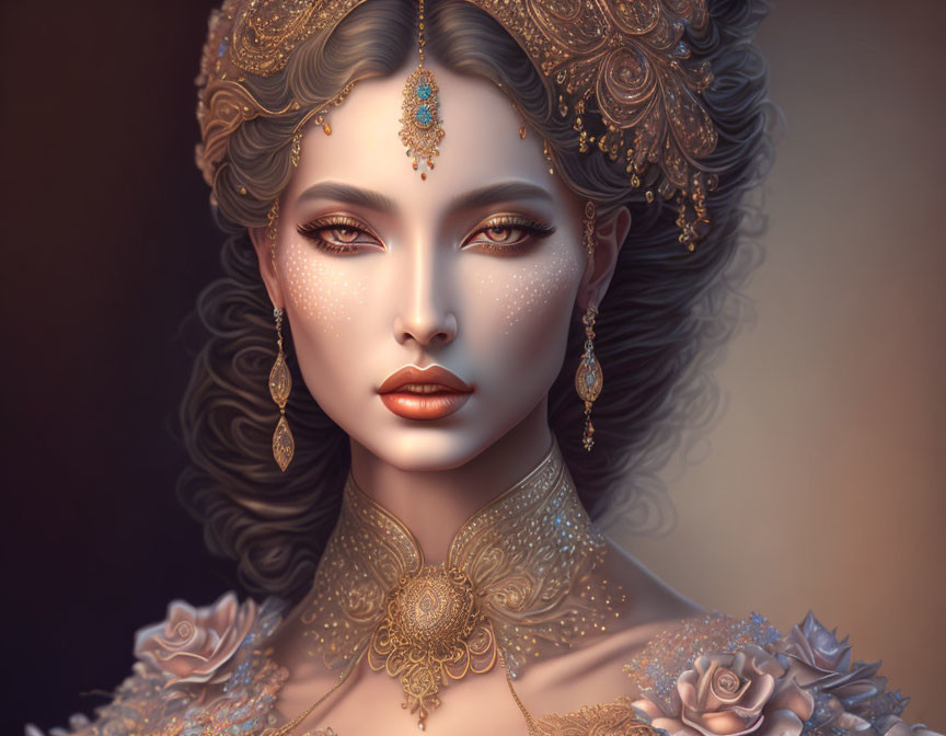 Intricate gold jewelry woman with roses in warm, moody setting