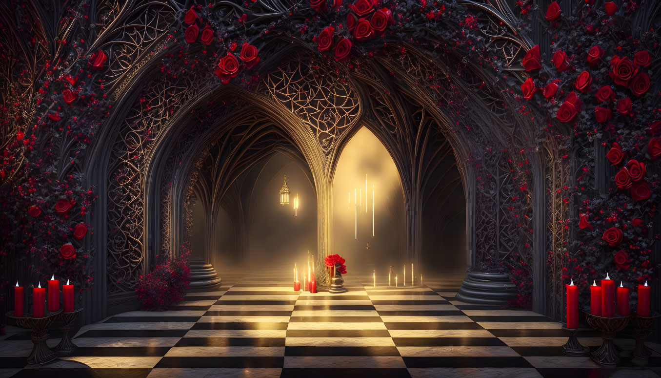 Gothic corridor with arches, red roses, candles, and checkered floor