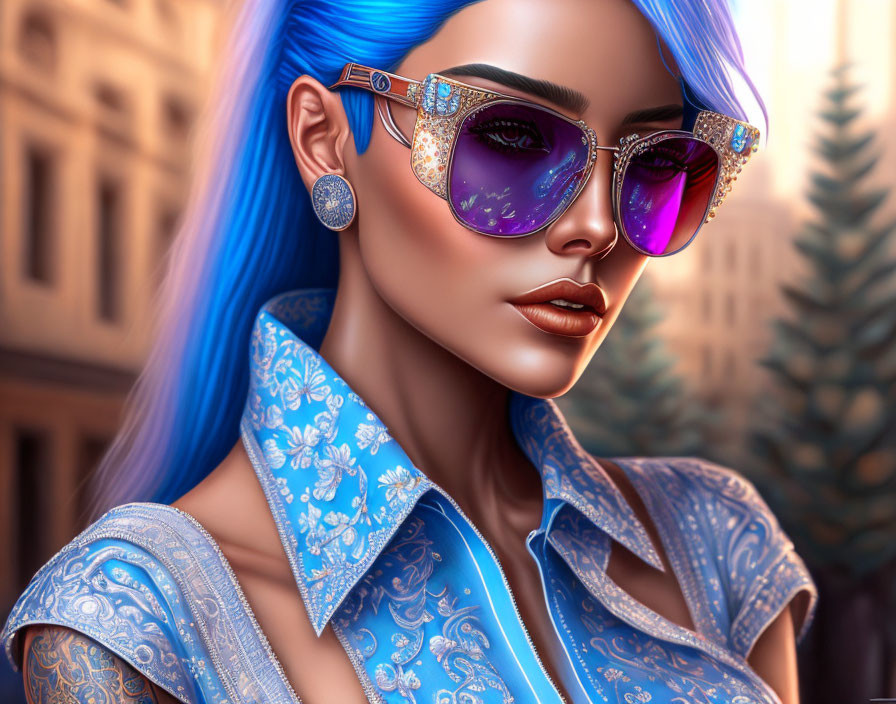 Vibrant digital portrait of woman with blue hair and sunglasses