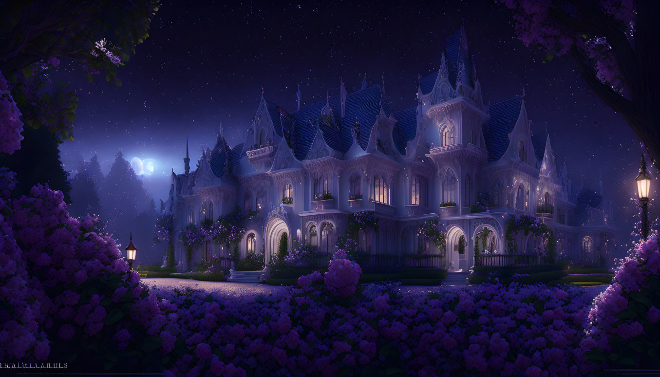 Majestic Victorian-style mansion in illuminated night scene