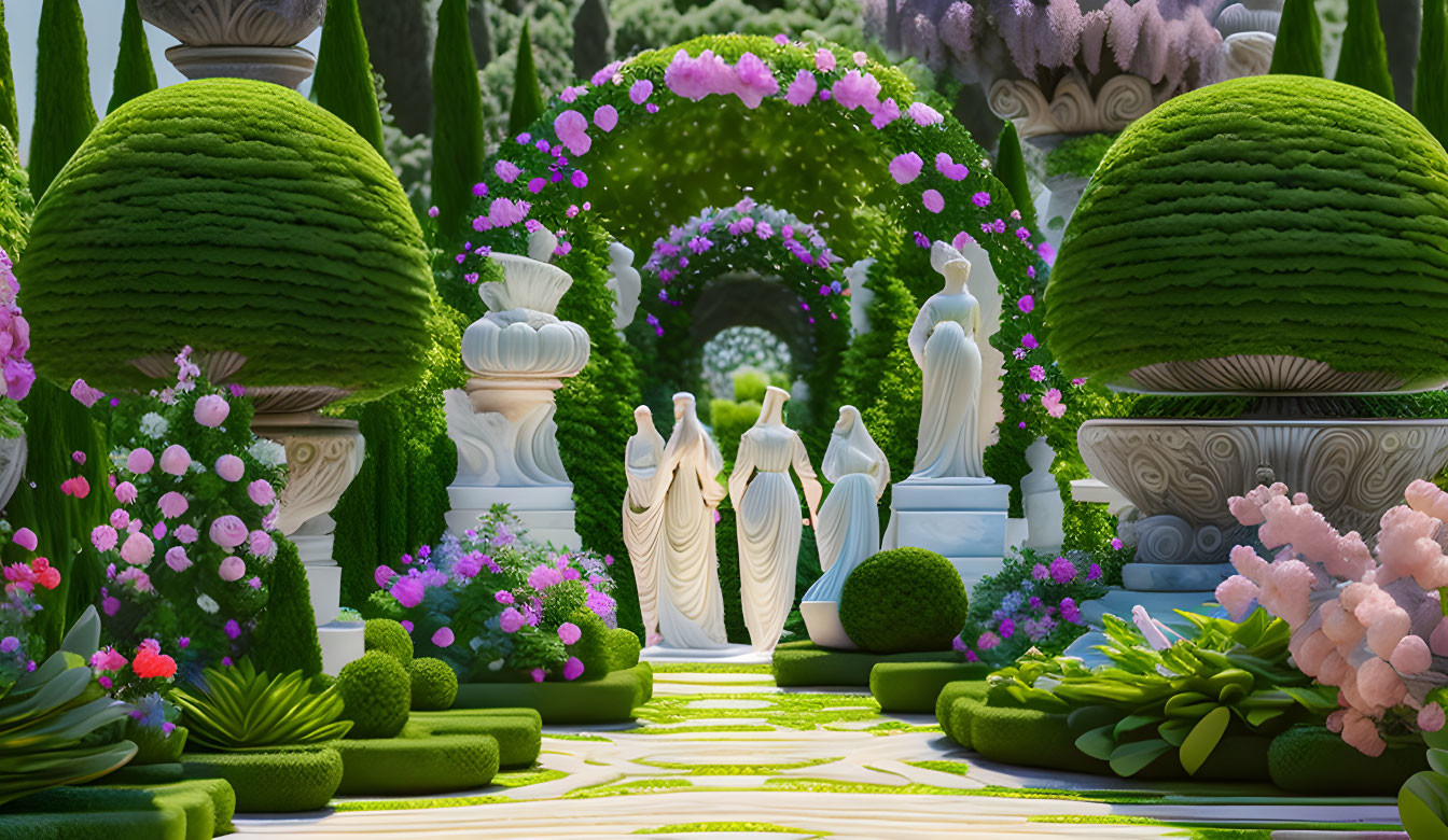 Lush garden with topiaries, statues, colorful flowers under sunny sky