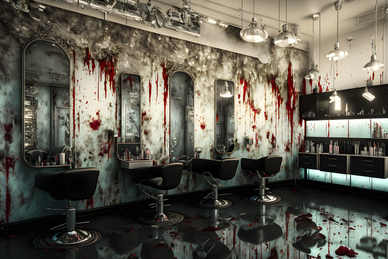 Hair salon with blood-splattered walls and mirrors, empty chairs, and scattered styling tools