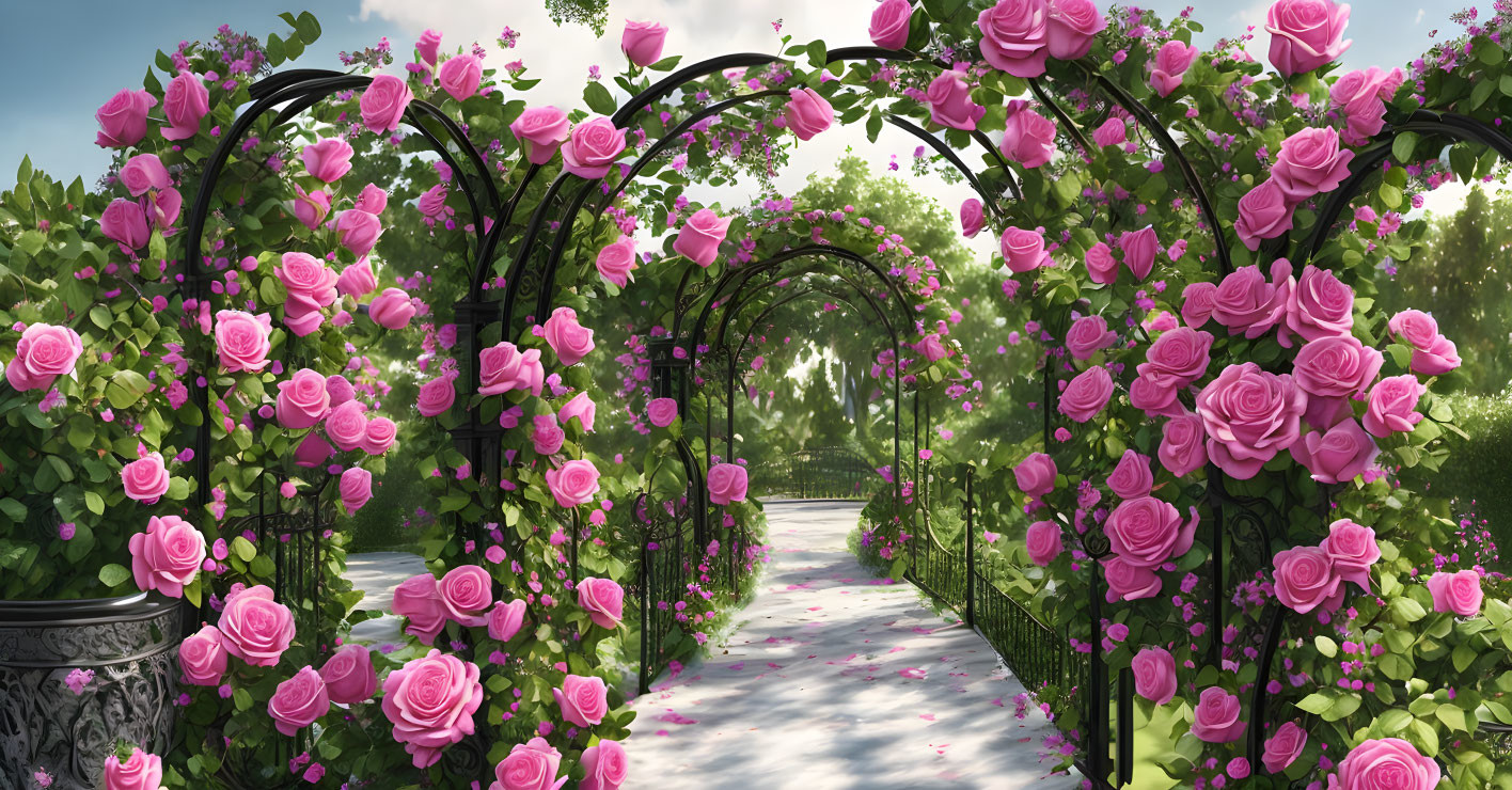 Tranquil garden pathway with green bushes and pink roses on black metal arches