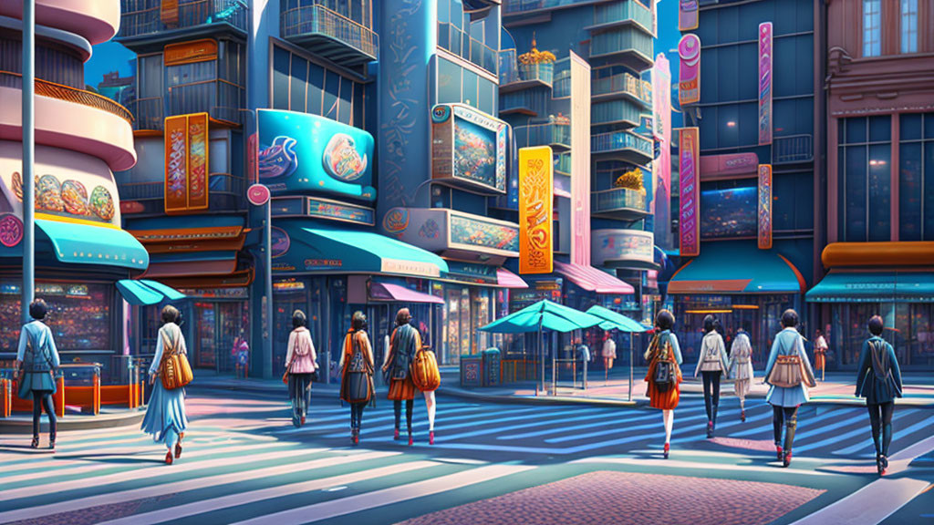 Colorful urban scene with neon signs, futuristic buildings, and blue zebra crossing