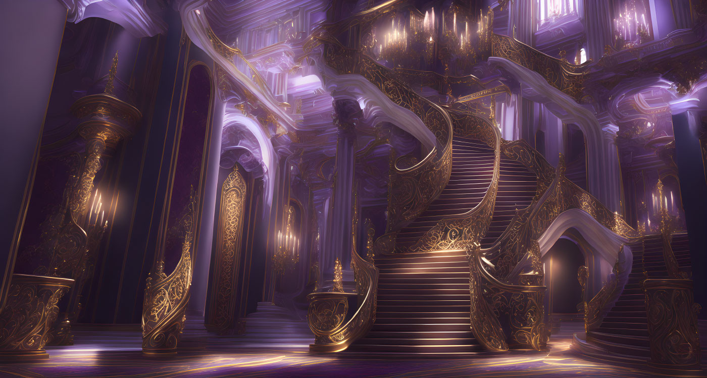 Grand Palace Interior: Lavish Purple & Gold Decor, Sweeping Staircases & Mystical Glow