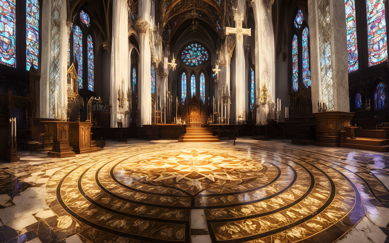 Gothic cathedral interior with stained glass windows, cross, and labyrinth.