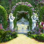 Lush garden with topiaries, statues, colorful flowers under sunny sky