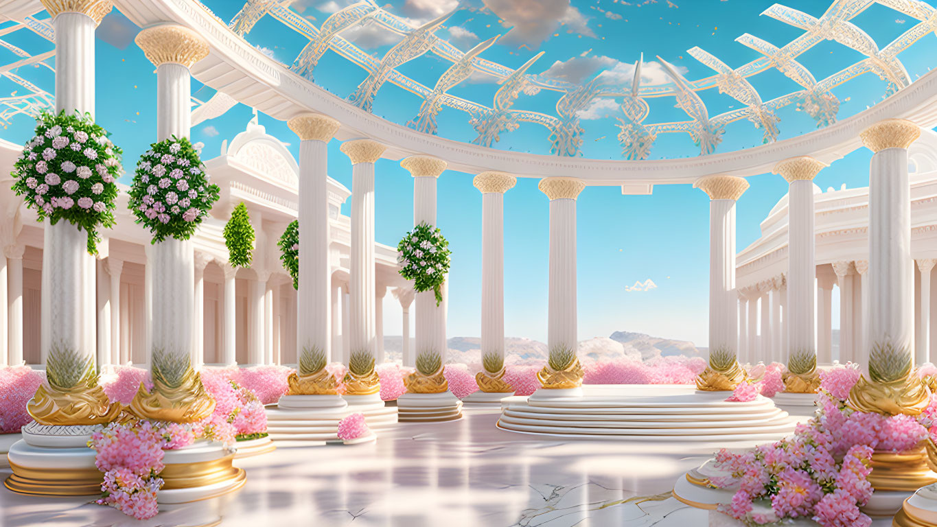 Classical hall with columns, golden accents, flowering trees, and sky-themed ceiling