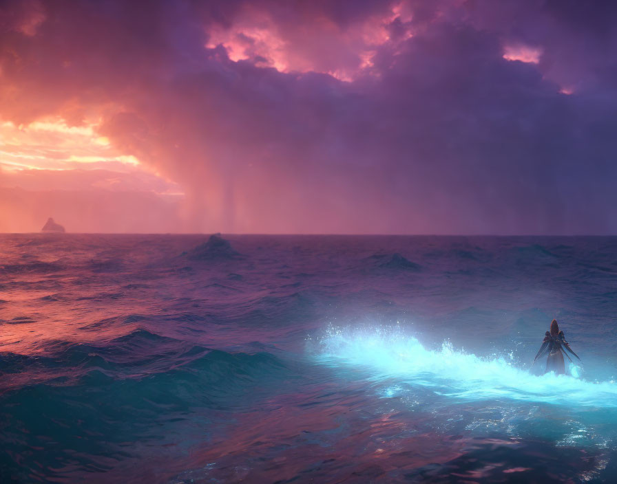 Solitary boat navigating turbulent seas under dramatic purple sky