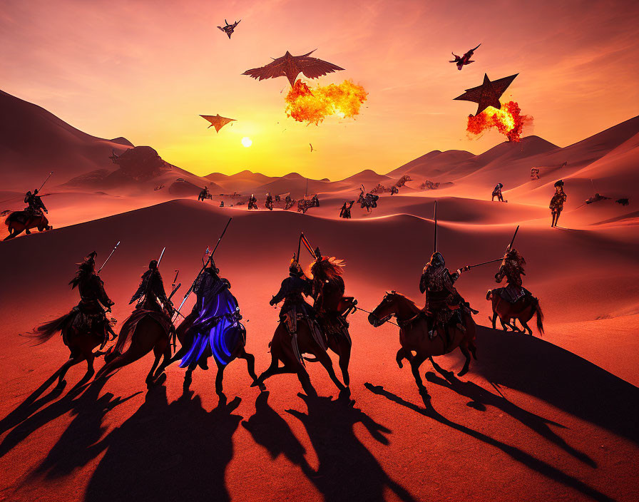 Armored riders on horseback charging in desert at sunset with fiery dragon-like creatures.