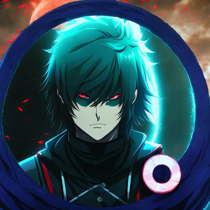 Anime character with green hair and red eyes in intense aura with glowing ring and fiery particles.