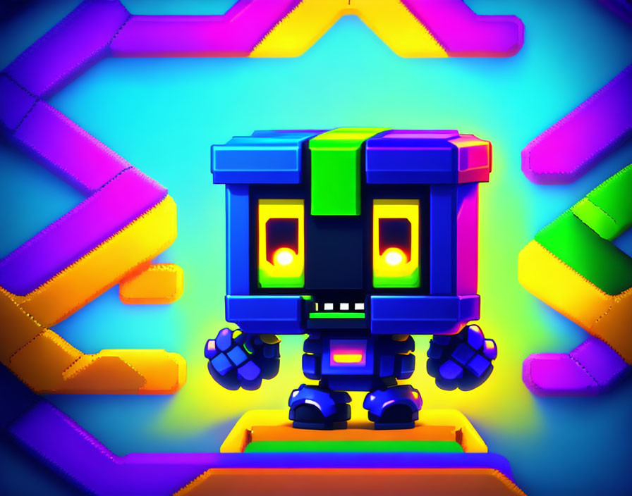 Vibrant digital artwork of illuminated cubic robot in neon geometric setting