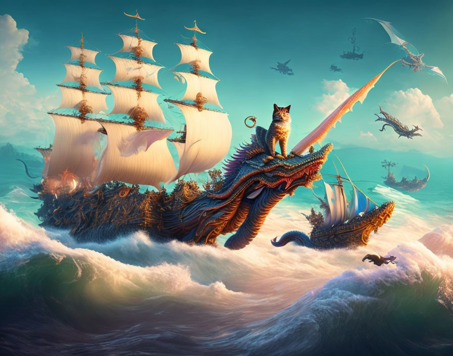 Fantastical digital artwork featuring a cat on a sea dragon amidst surreal ocean waves