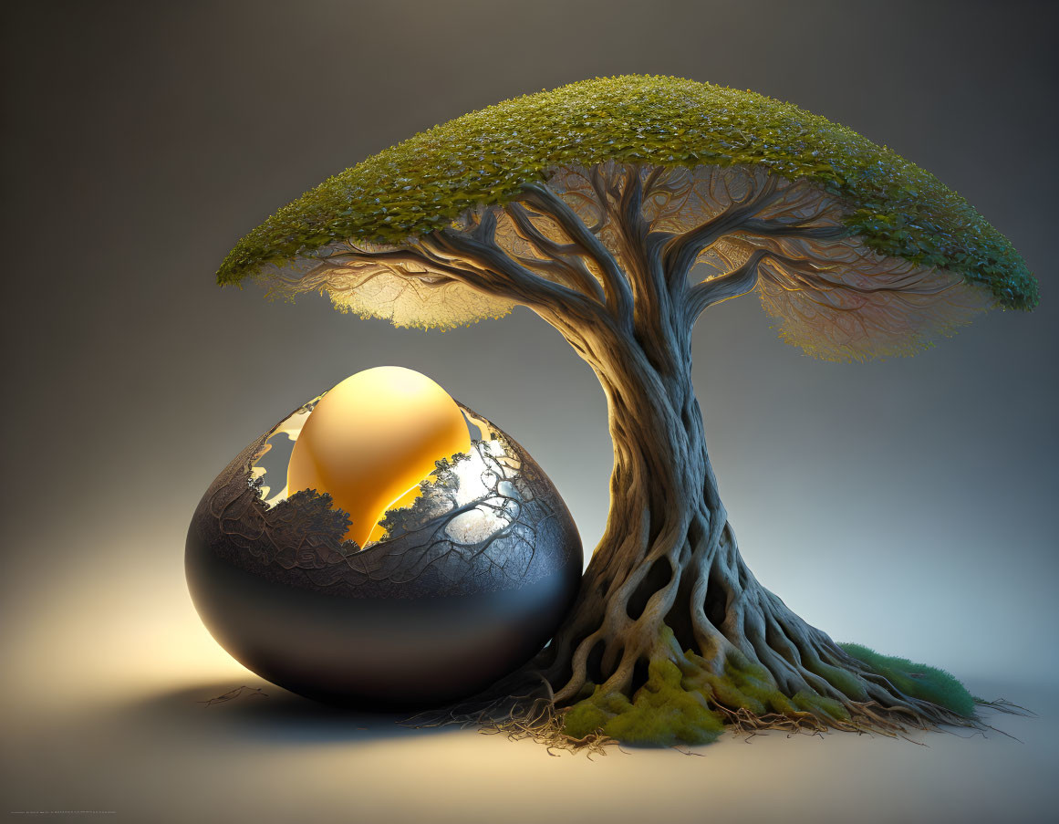 Surreal artwork: large tree with lush canopy and cracked sphere revealing sunlit landscape