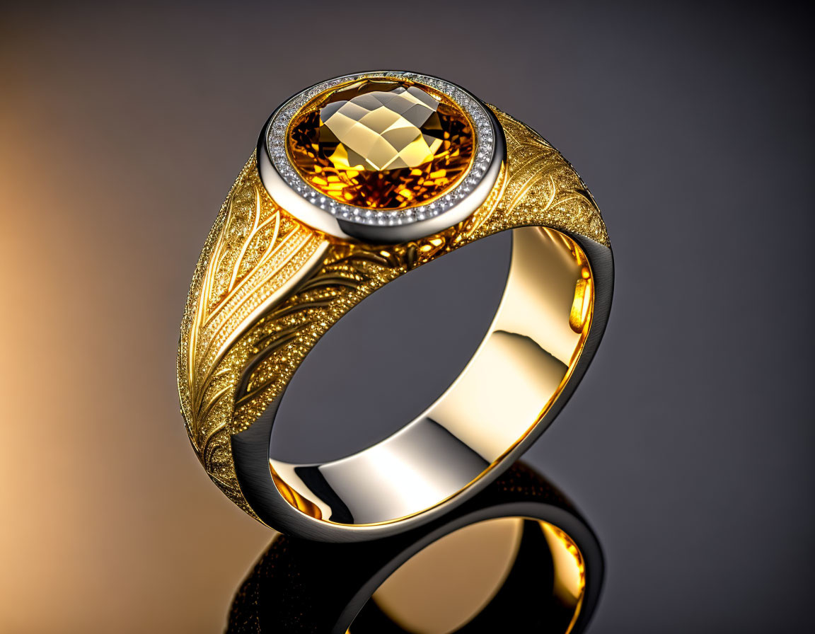 Textured gold band ring with amber gemstone on dual-tone backdrop