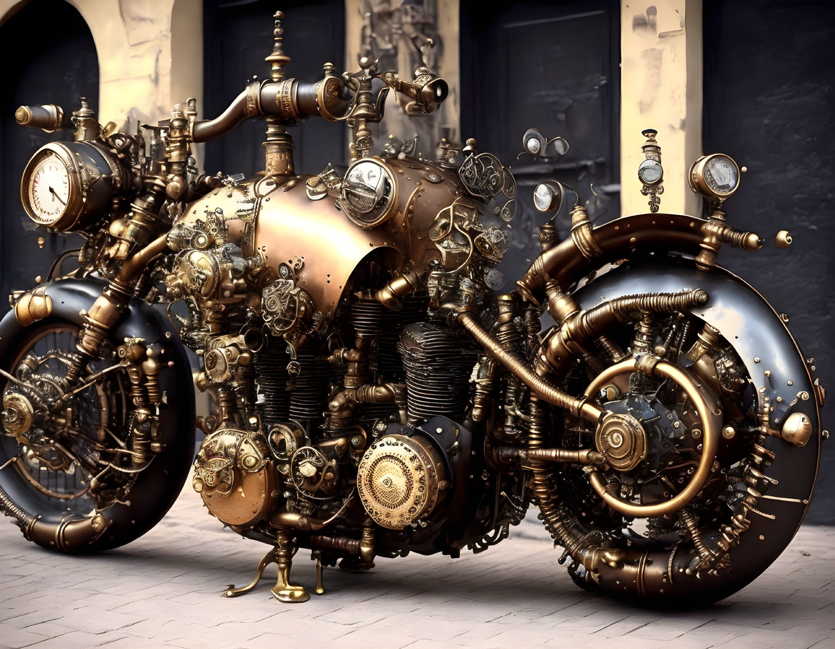 Steampunk-Inspired Motorcycle with Brass Gears in Vintage Urban Setting