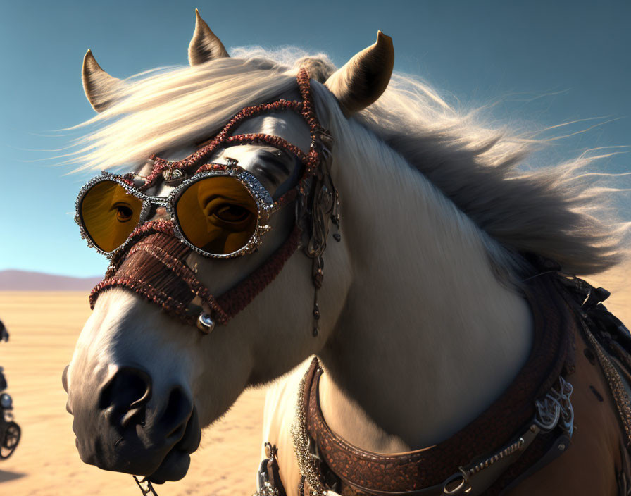 Stylized horse with blonde mane in ornate leather bridle against desert backdrop