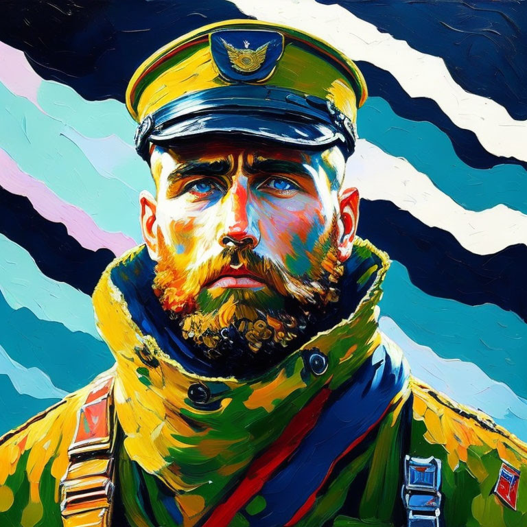 Colorful Stylized Portrait of Bearded Man in Military Uniform