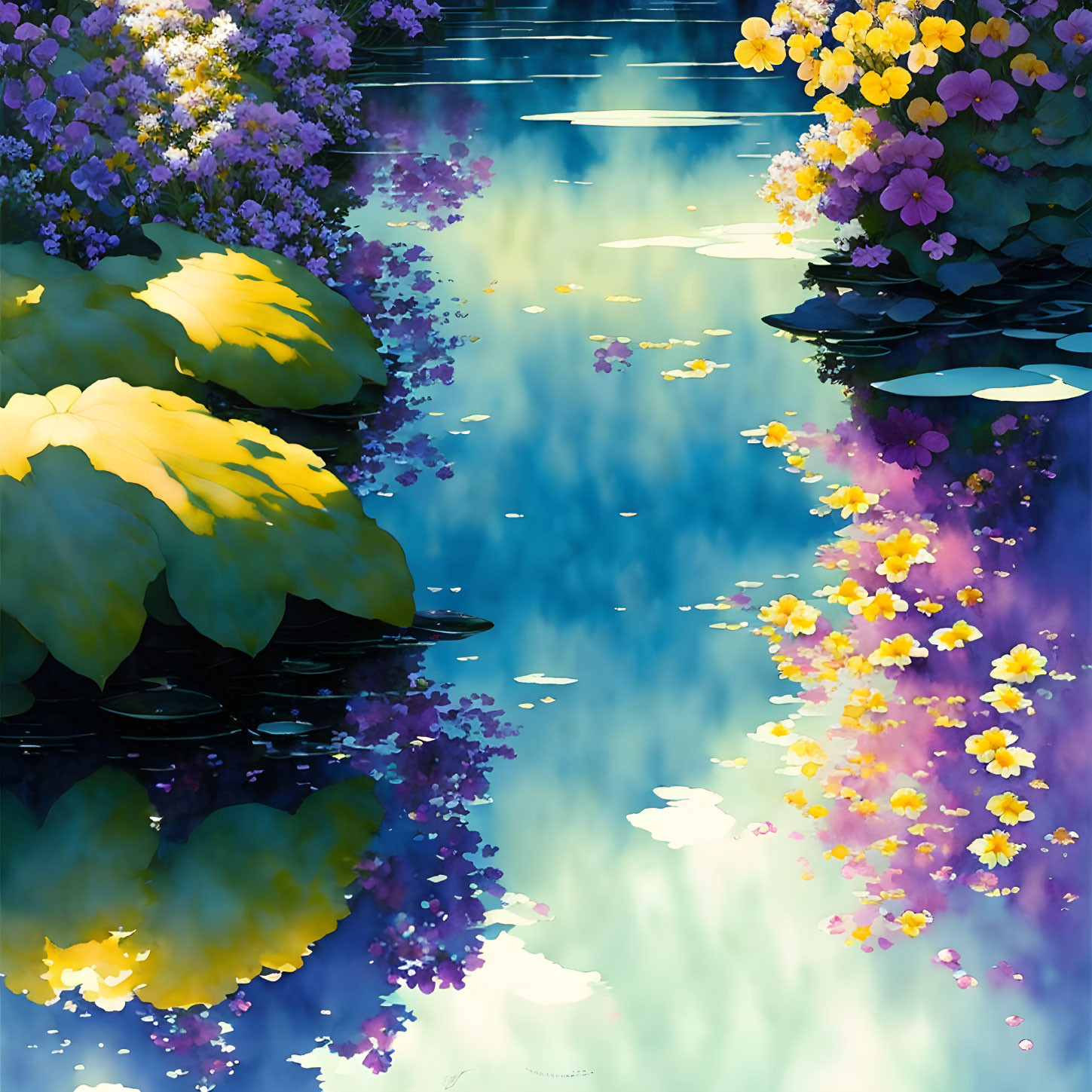 Vibrant digital painting of tranquil pond with purple and yellow blooms, lily pads, and reflections