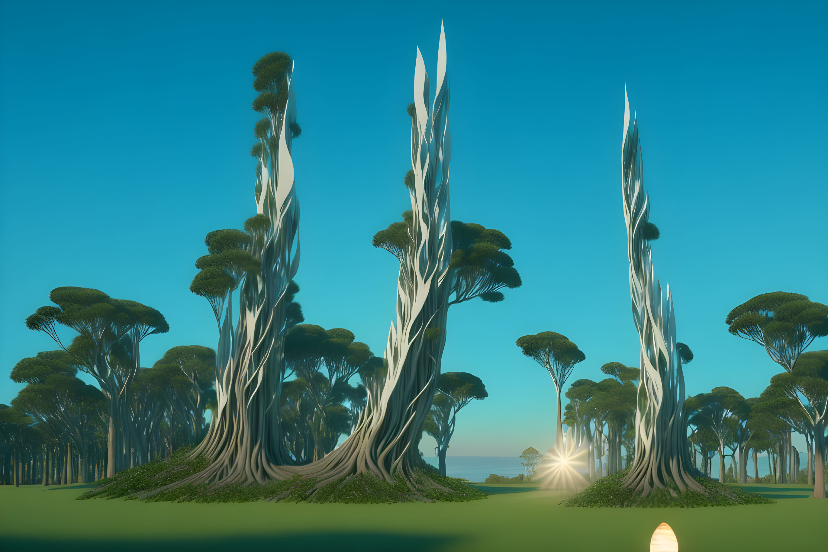 Digital landscape featuring tall fantasy trees under clear sky